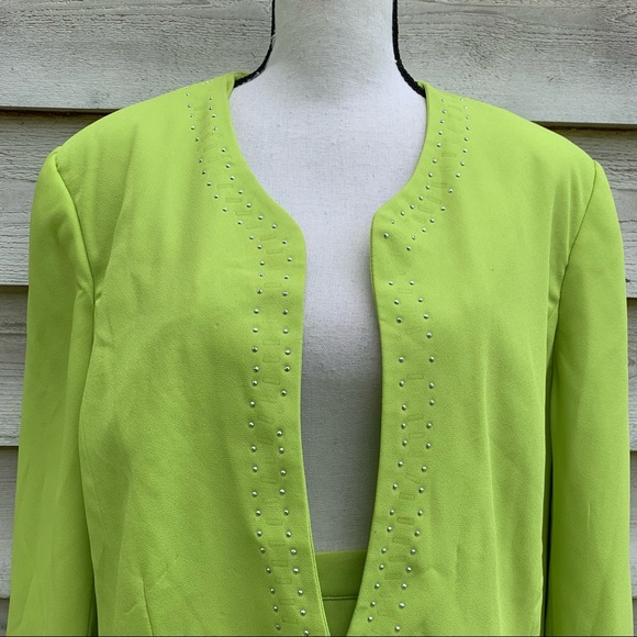 Vintage 80s Neon Lime Green Embellished Bejeweled 2 Piece Coordinated Skirt Set - Picture 6 of 16